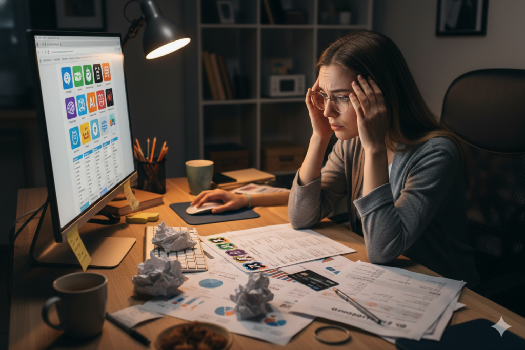 Woman stressed looking at multiple browser tabs with AI logos, credit card bills scattered on desk AI ZOLO