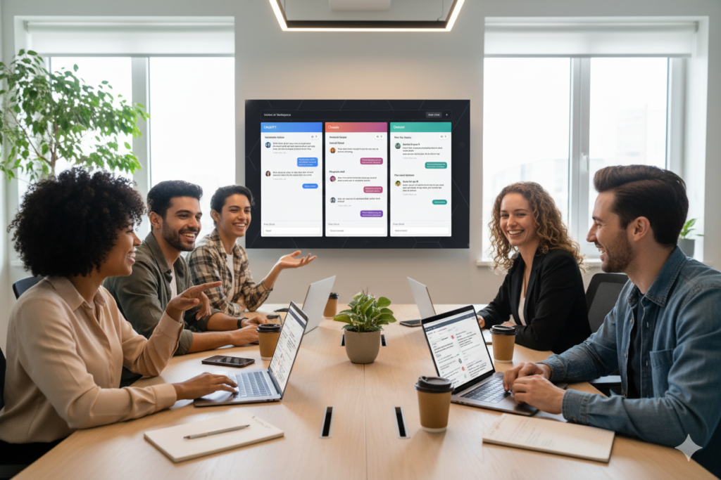 Happy professionals working on laptops with AI dashboard visible on screen Ai zolo