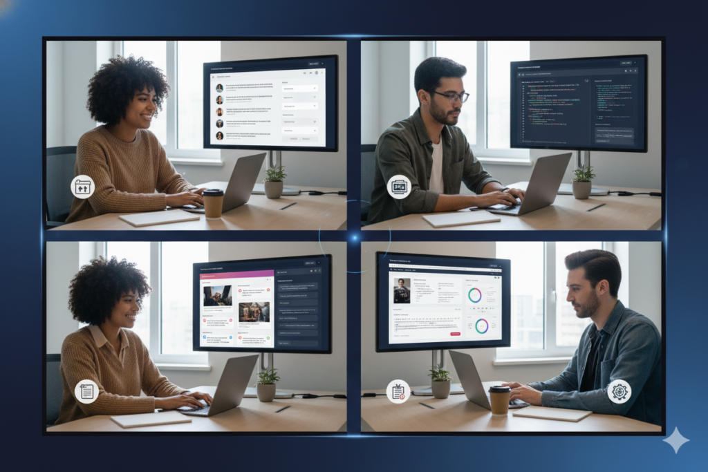 Split-screen showing different professionals using AI dashboard for their specific use cases ai zolo