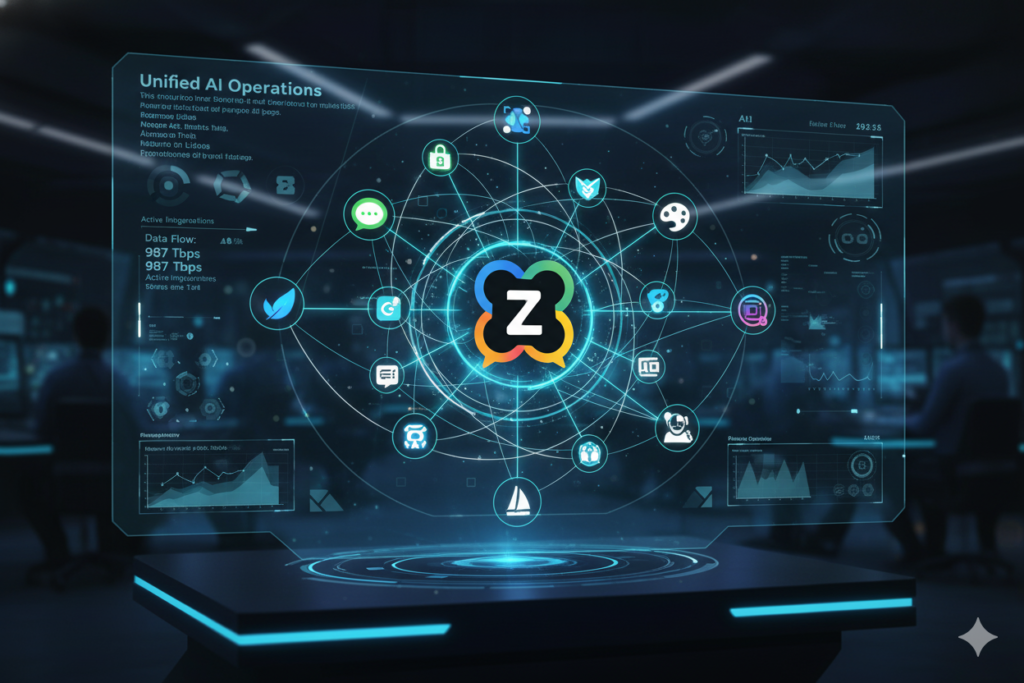  Futuristic dashboard with multiple AI logos connected in a network visualization ai zolo