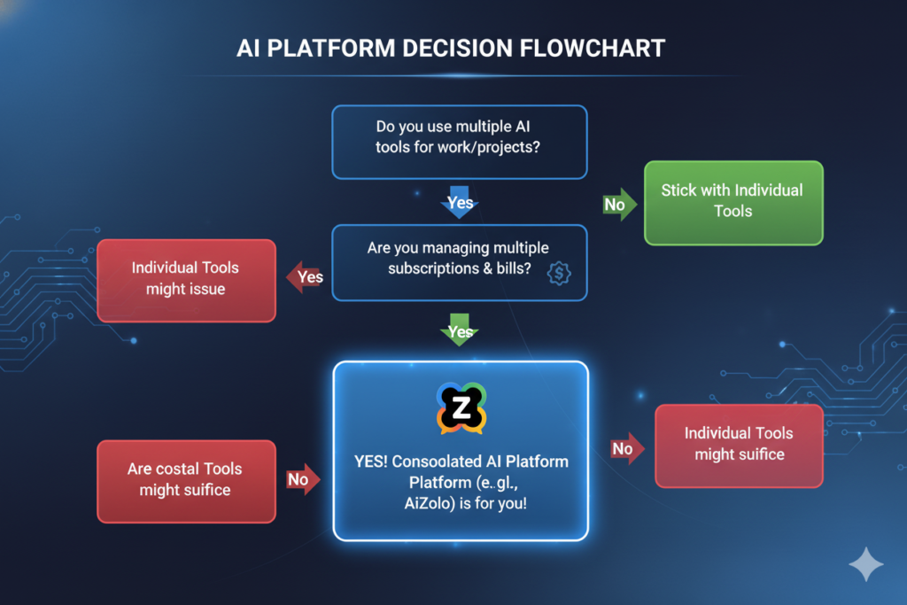 Decision flowchart helping readers determine if consolidated AI platform fits their needs ai zolo