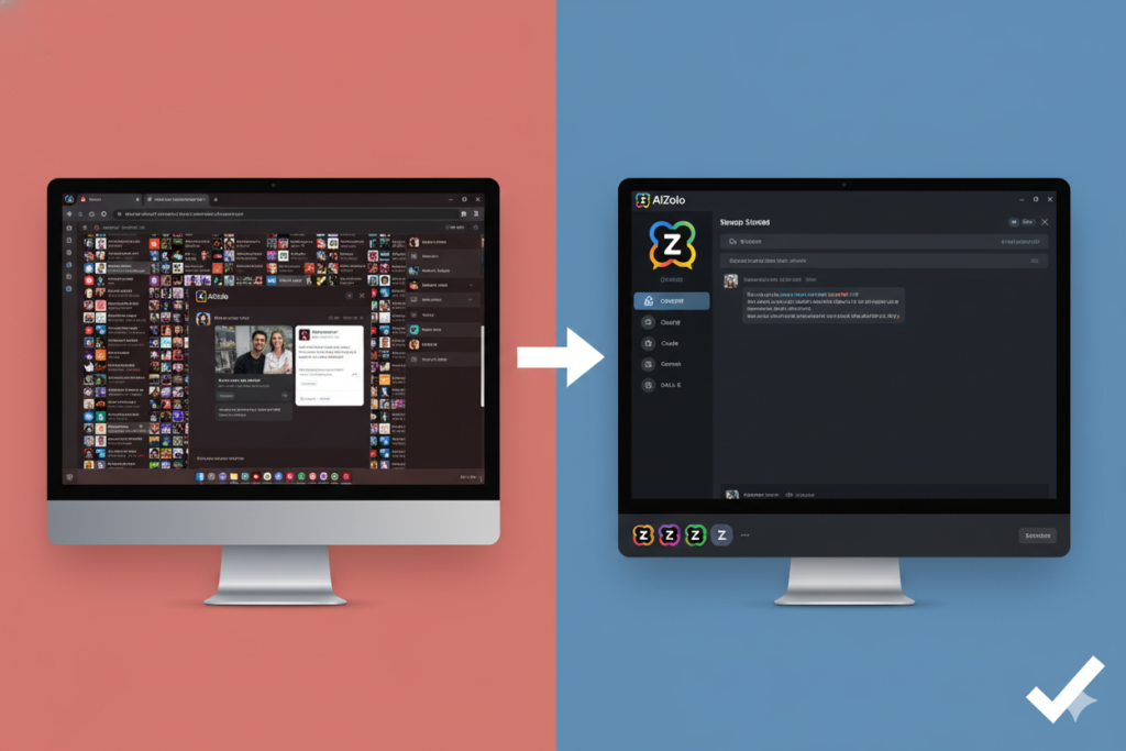 Best AI Tools Bundle for Agencies Under $30 in 2026 2 Split screen showing cluttered browser tabs with multiple AI subscriptions vs clean AiZolo dashboard with multiple AI models in one interface ai zolo