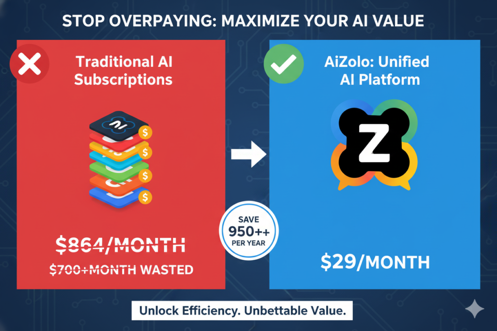 Best AI Tools Bundle for Agencies Under $30 in 2026 4 Visual comparison showing traditional subscription costs ($864/month) vs AiZolo ($29/month) with savings calculation ai zolo