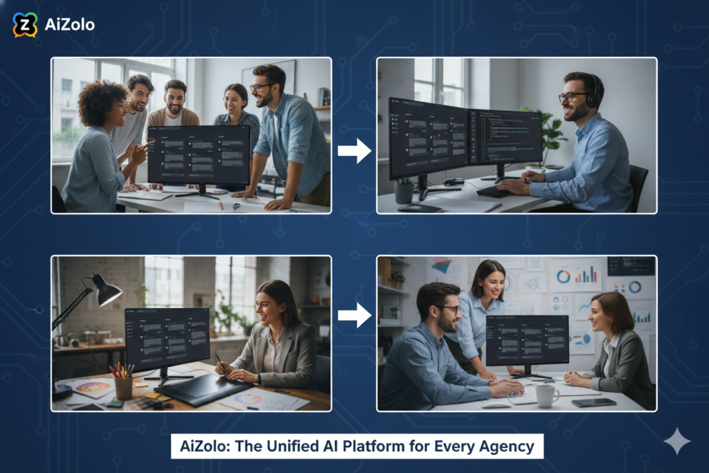 Best AI Tools Bundle for Agencies Under $30 in 2026 6 Collage showing different agency types using AiZolo for various tasks ai zolo