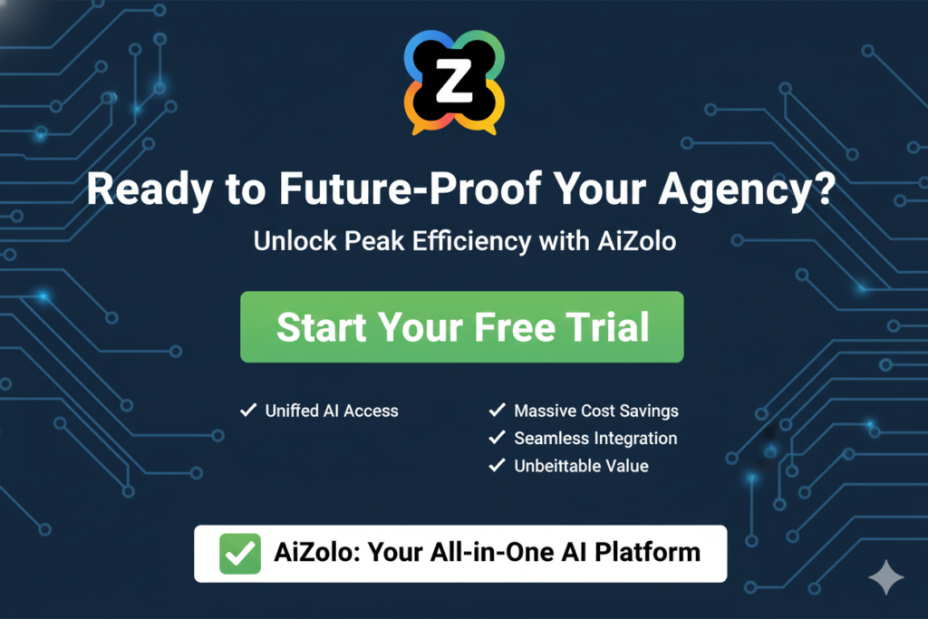 Best AI Tools Bundle for Agencies Under $30 in 2026 12 Call-to-action graphic with "Start Your Free Trial" button and key benefits listed ai zolo