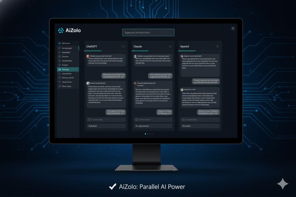 Dashboard mockup showing multiple AI model responses side-by-side with prompt input field ai zolo Tools to Improve AI Prompts