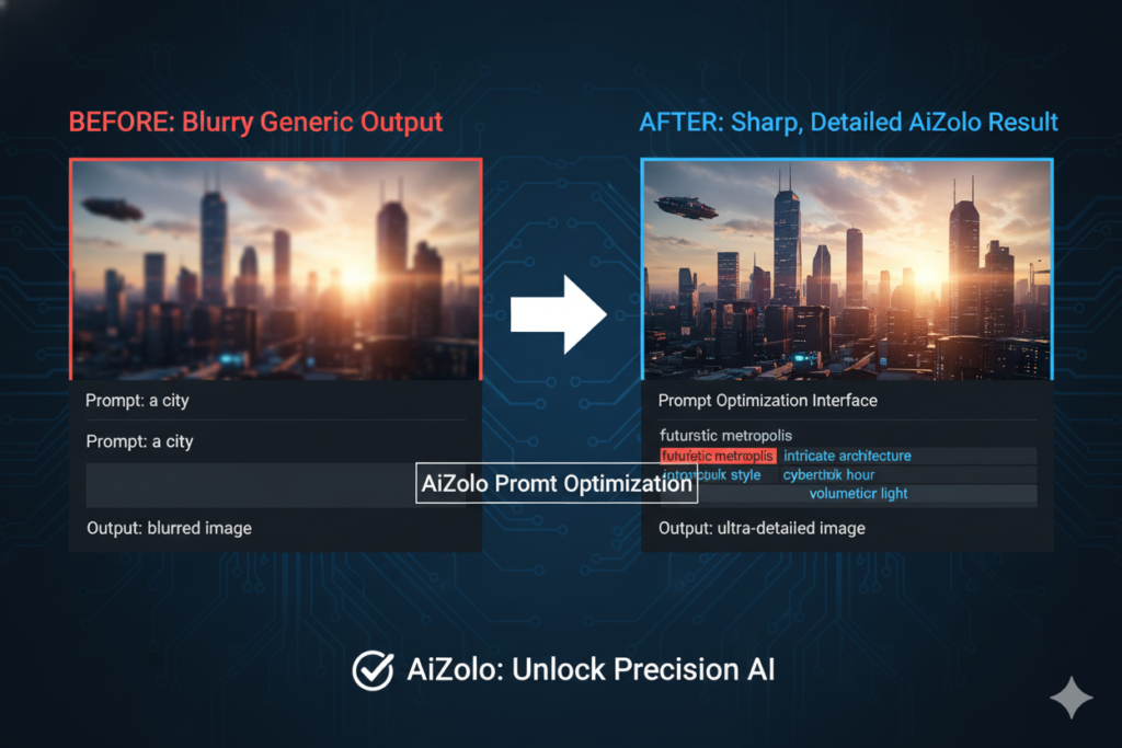 Split-screen comparison showing blurry generic AI output versus sharp detailed result, with prompt optimization interface ai zolo