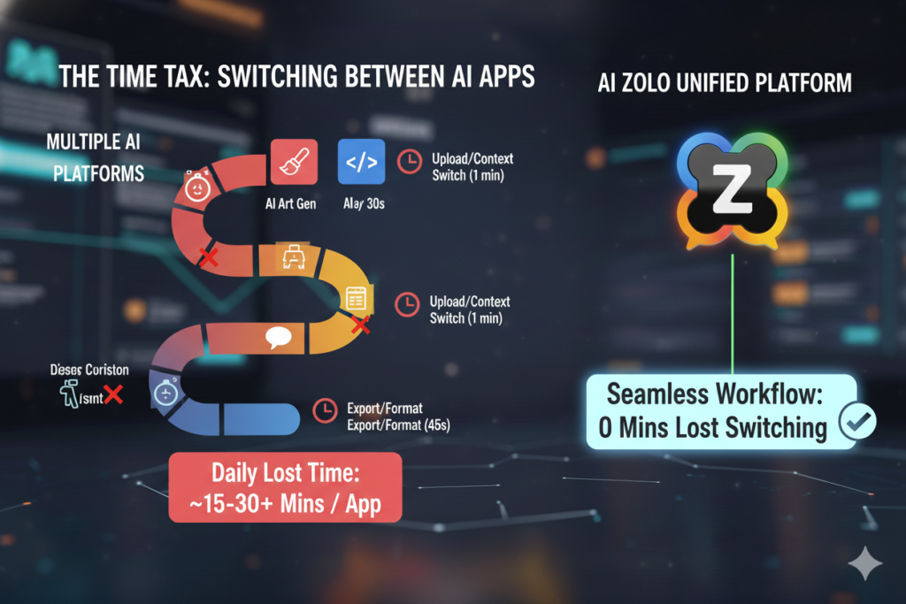 Infographic showing time lost from switching between different AI platforms