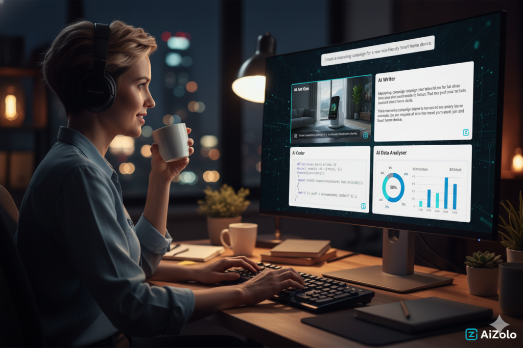 Content writer working efficiently with multiple AI model windows open in AiZolo interface