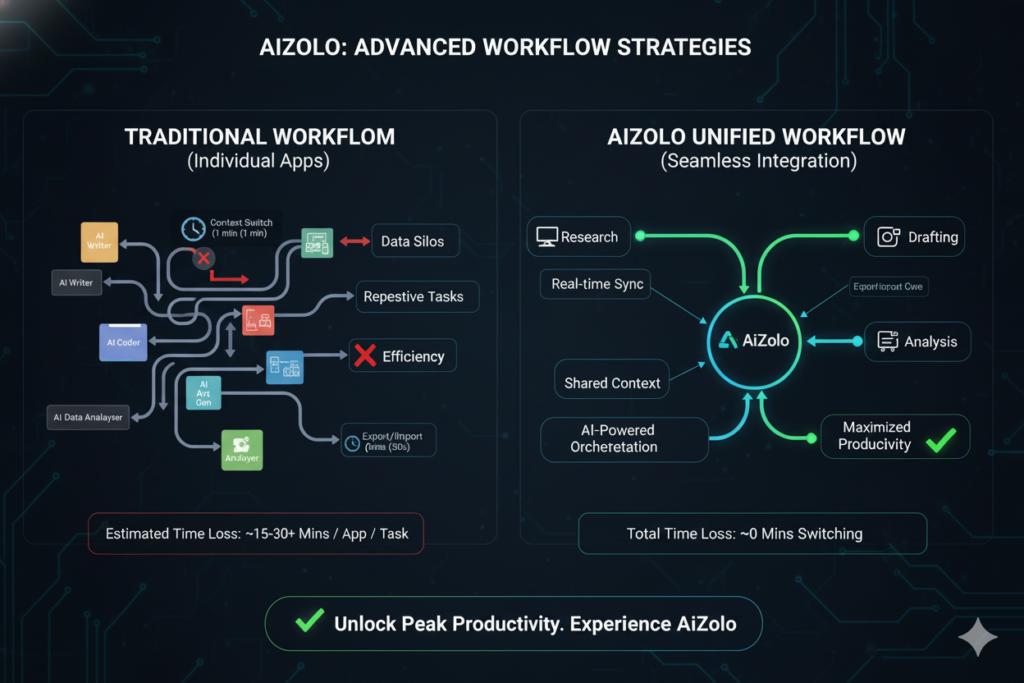 Diagram showing advanced workflow strategies for switching between AI models
