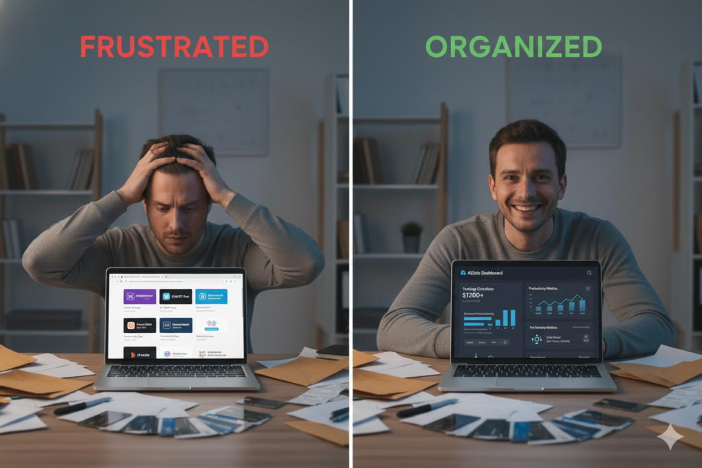  Split-screen showing frustrated marketer with multiple tabs vs. organized dashboard with AI analysis