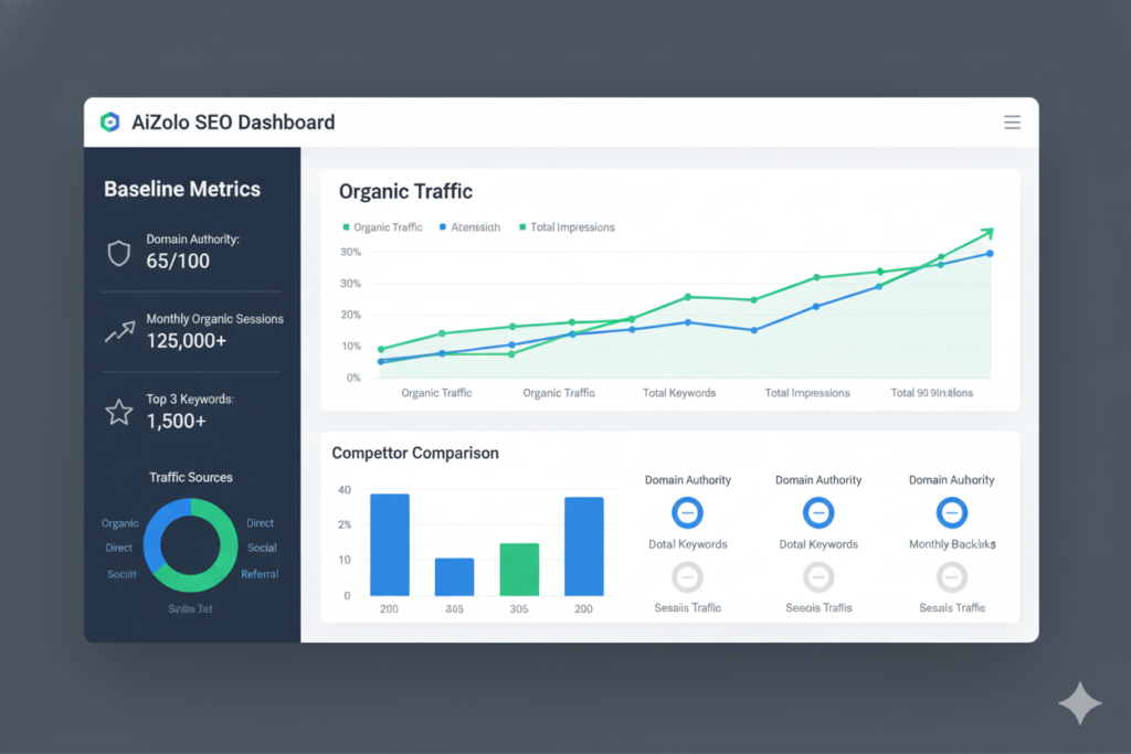 Dashboard showing baseline SEO metrics with traffic graphs and competitor comparison