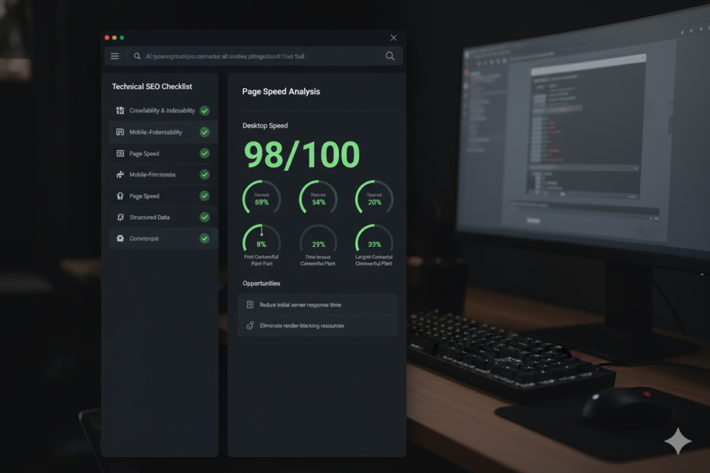 Technical SEO checklist with AI tool interface showing page speed analysis
