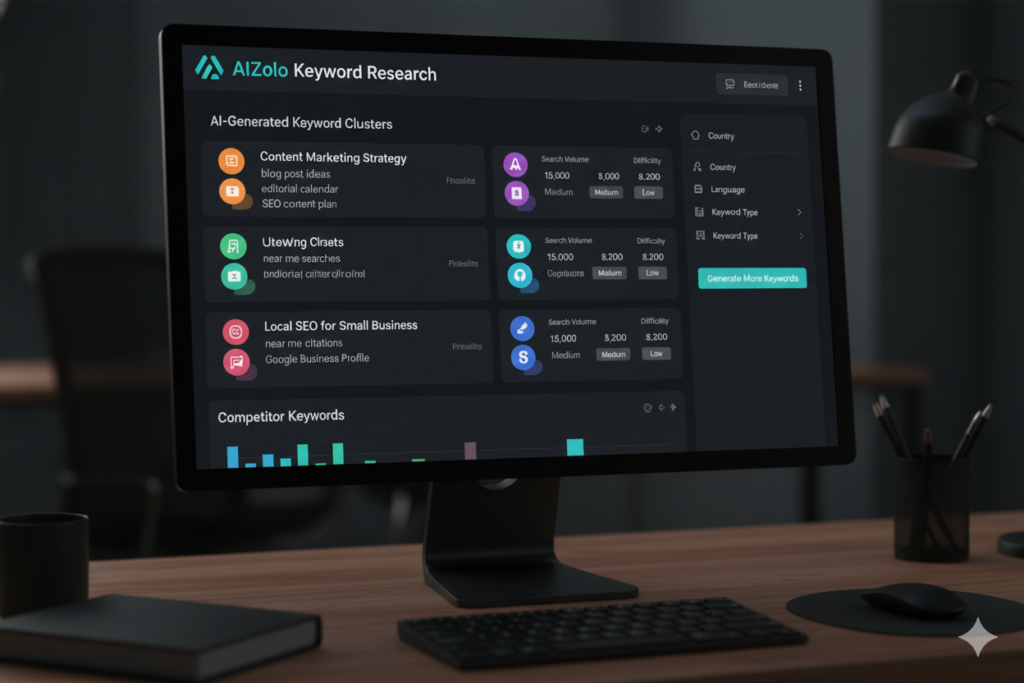  Keyword research interface showing AI-generated keyword clusters with search volume and difficulty