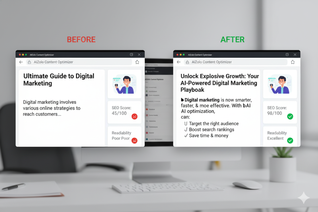 Before/after content comparison showing AI optimization improvements