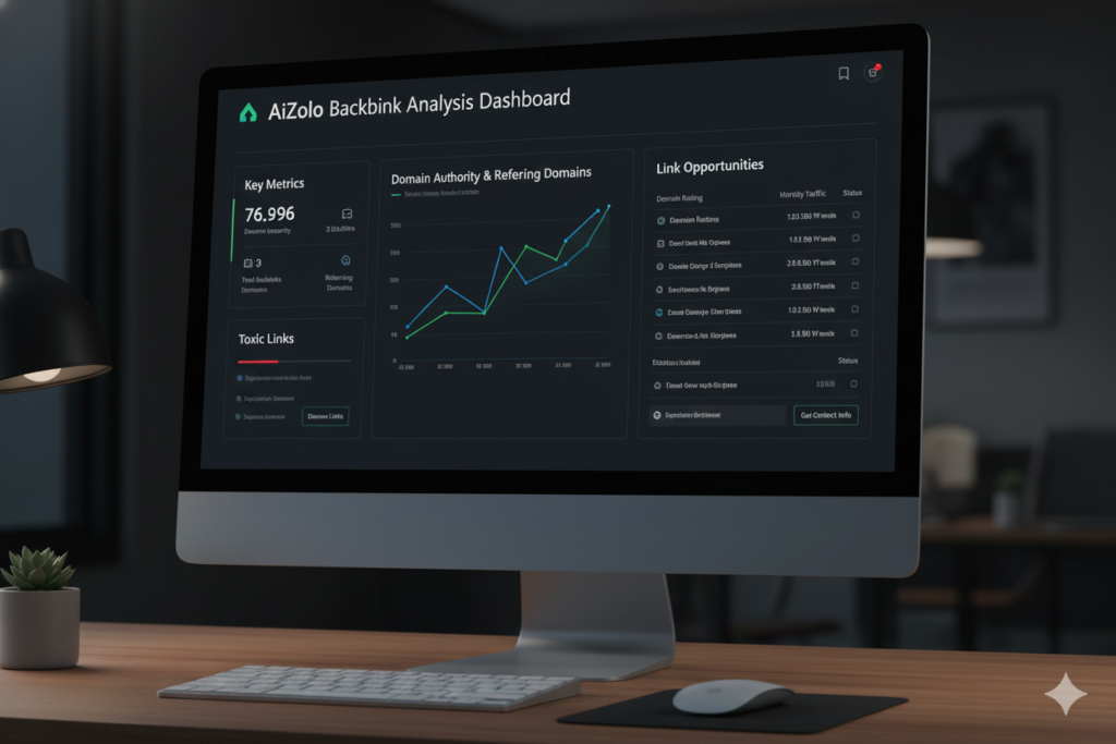 Backlink analysis dashboard showing domain authority, toxic links, and link opportunities