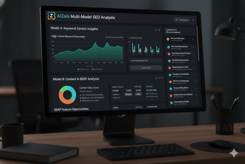 AiZolo dashboard showing multiple AI models analyzing the same SEO data with different insights