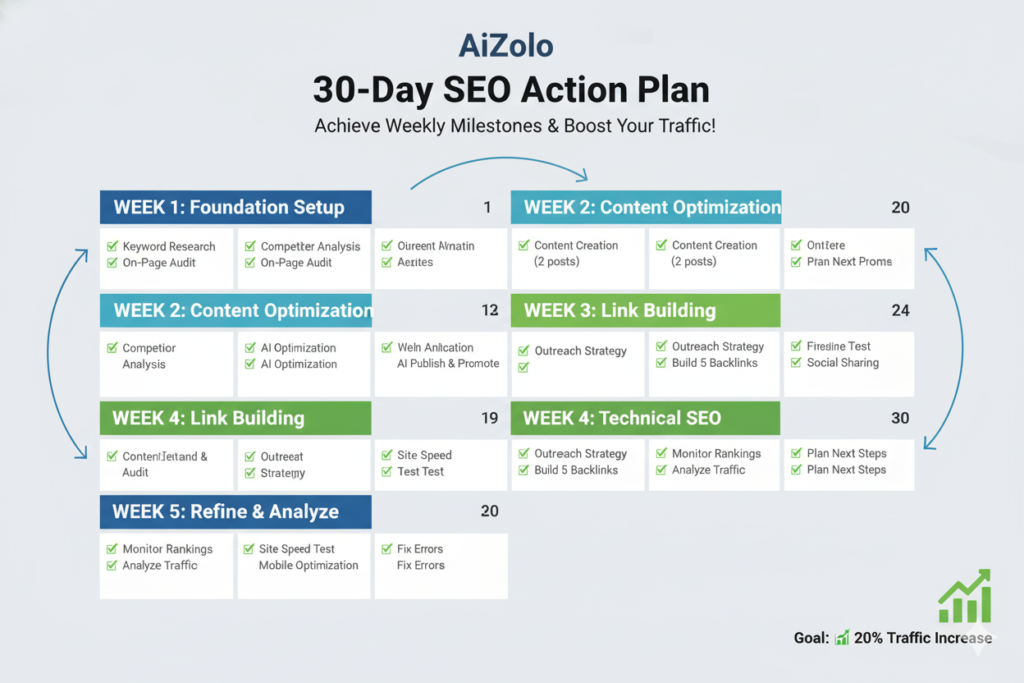 30-day action plan calendar with weekly milestones
