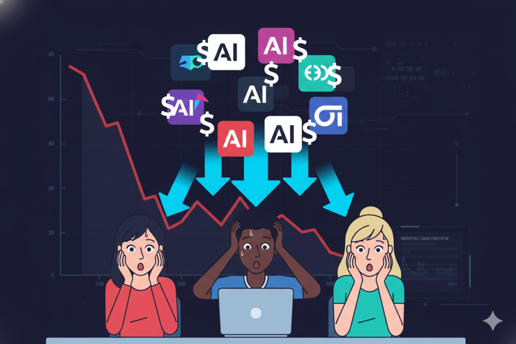 Infographic showing multiple AI subscription logos with dollar signs, arrows pointing to a shocked startup team, financial graph declining in background (Affordable All-in-One AI Subscription)