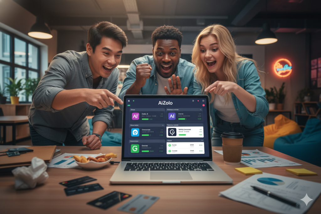 Excited startup team gathered around laptop showing AiZolo dashboard with multiple AI models visible, celebratory atmosphere, office with startup vibes