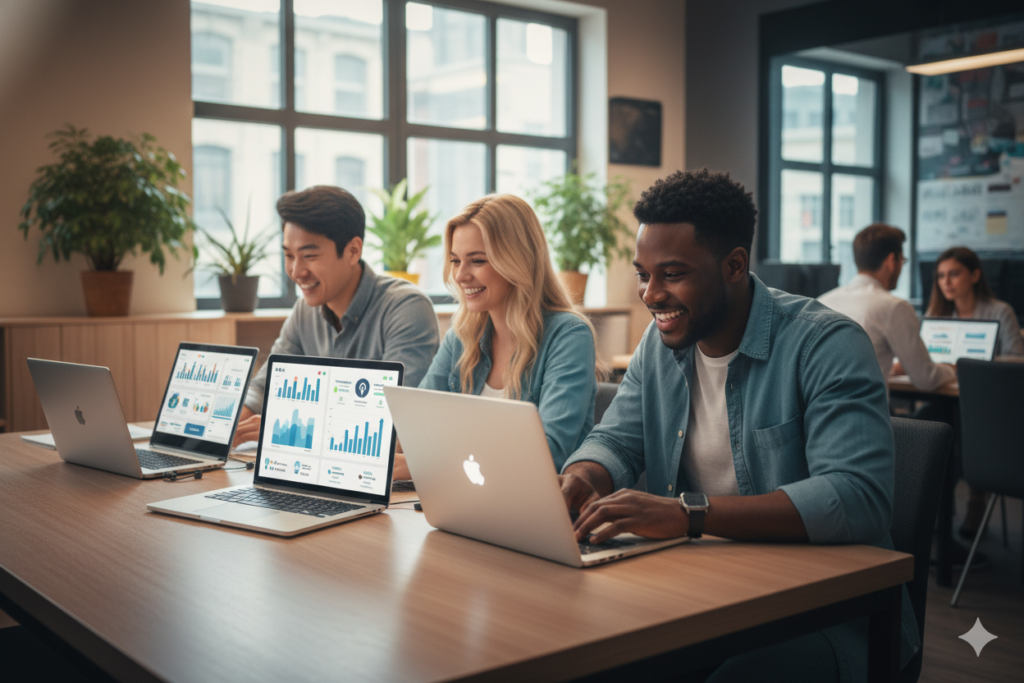 Three diverse startup founders using laptops, showing success metrics, growth charts, modern co-working space environment]