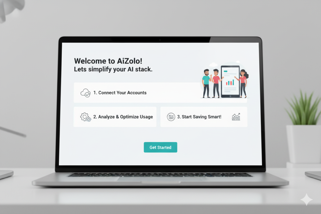 Clean, modern onboarding screen showing AiZolo's simple setup process, welcoming interface with "Get Started" button prominent