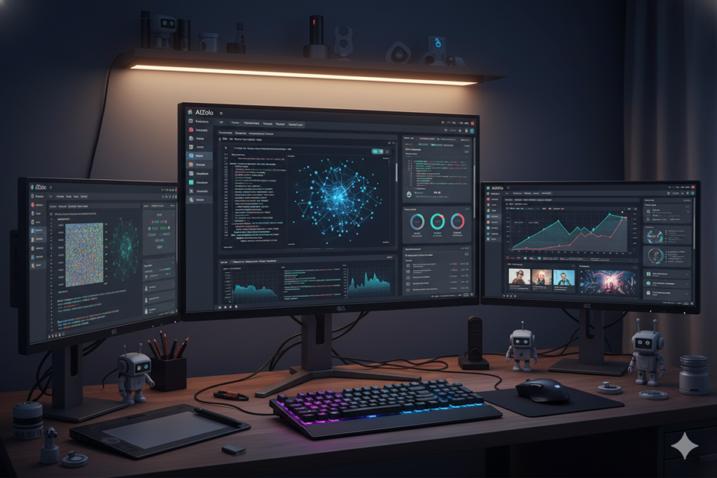 Power user workspace showing multiple AI models in action, split-screen comparison view, professional productivity setup