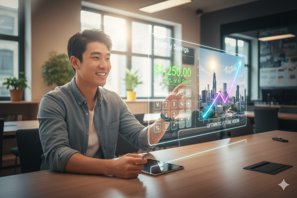 Calculator showing savings calculation, upward trending revenue graph, confident startup founder, optimistic future vision