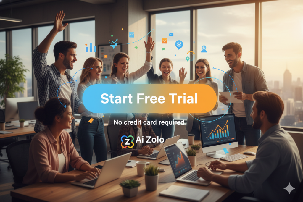 Call-to-action graphic showing "Start Free Trial" button, welcoming interface, diverse startup teams celebrating, success indicators