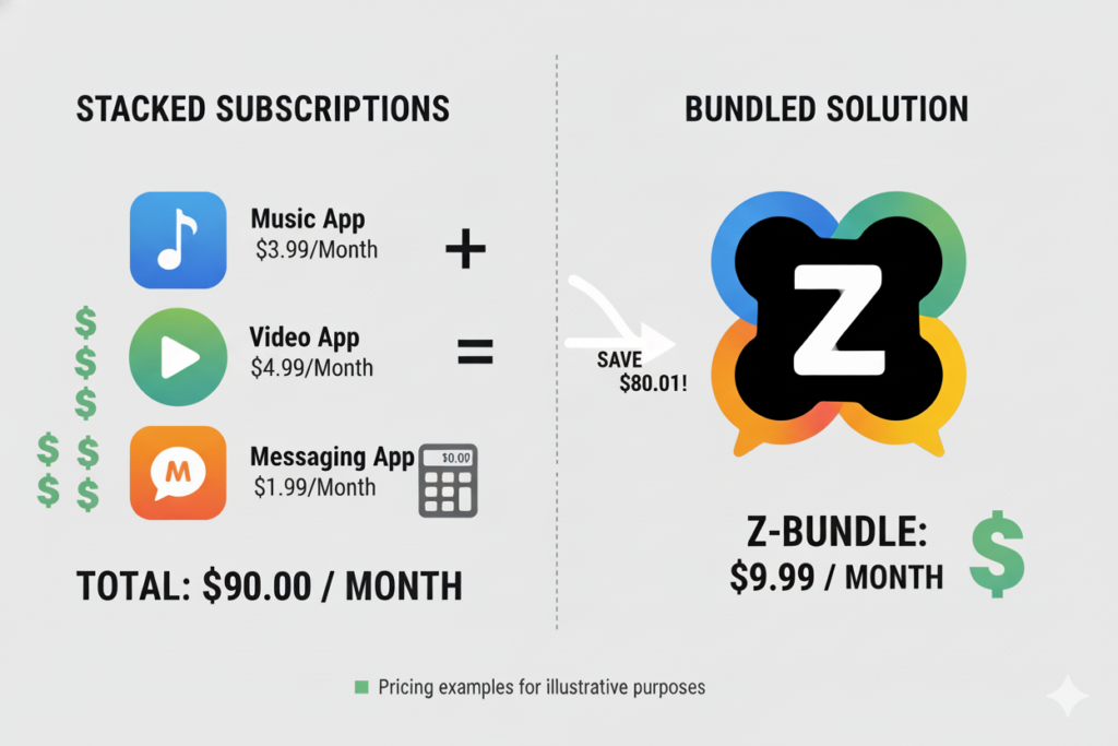 Infographic showing stacked subscription costs vs. bundled solution is $9.9 per Month, visual comparison with dollar signs and calculator 