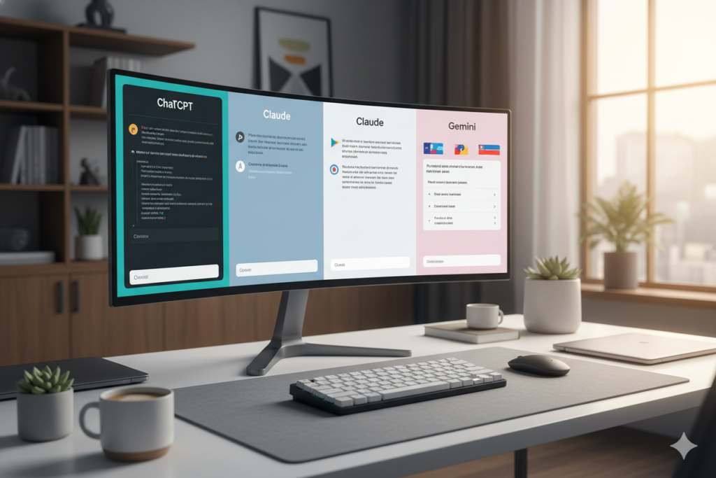 Clean dashboard showing multiple AI models (ChatGPT, Claude, Gemini) in split-screen interface, professional workspace setup