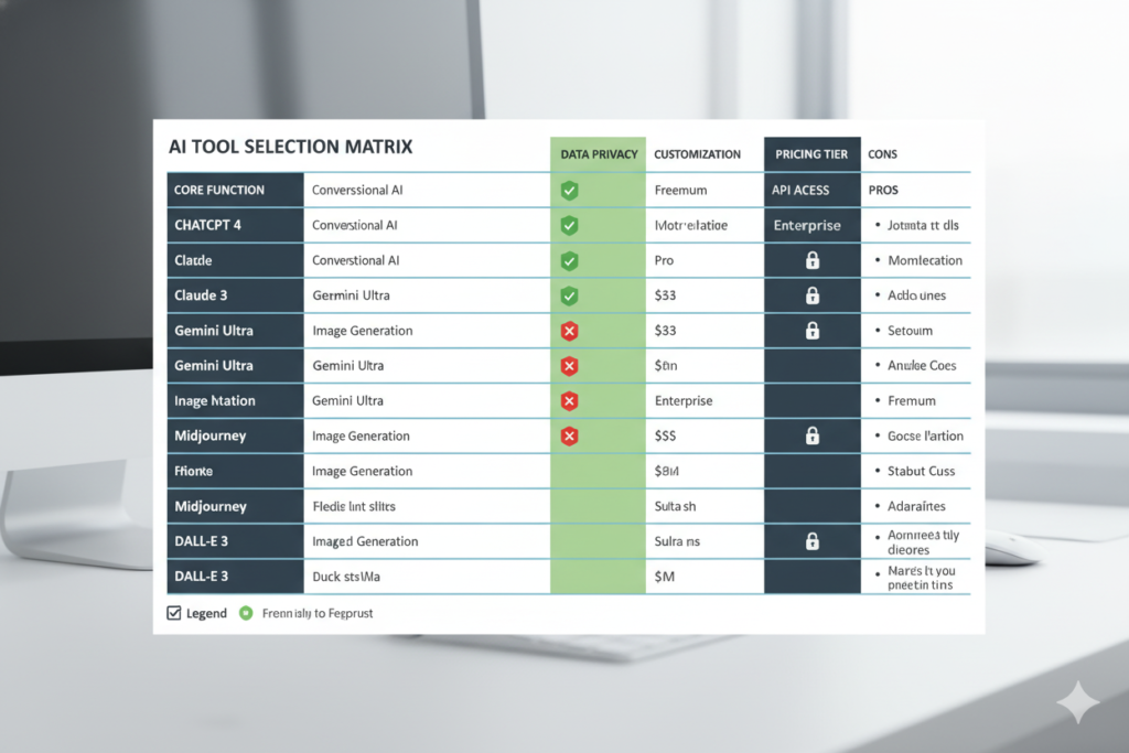  Decision matrix or comparison chart showing features to consider when choosing AI tools