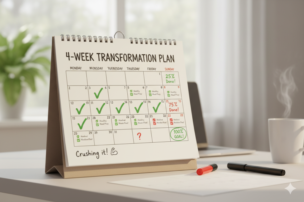 Monthly calendar showing 4-week transformation plan with checkmarks and progress indicators