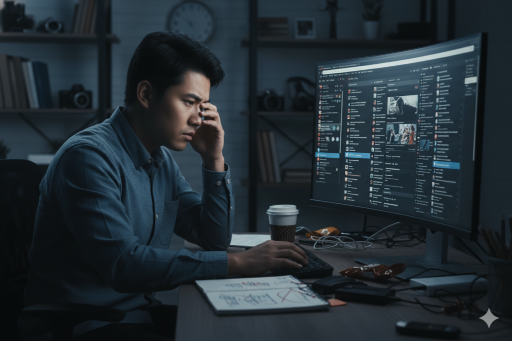Content creator looking stressed at computer with multiple browser tabs open, dim lighting, coffee cup