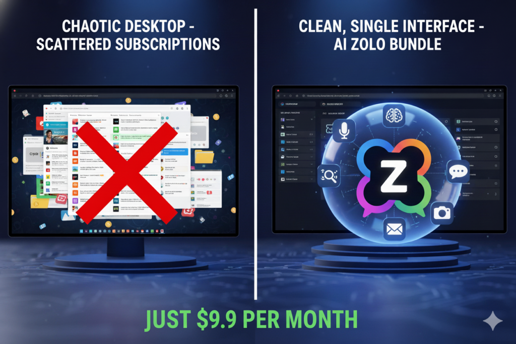 Split screen showing chaotic desktop with multiple tabs vs. clean single interface Just $9.9 Per Month With AI Zolo