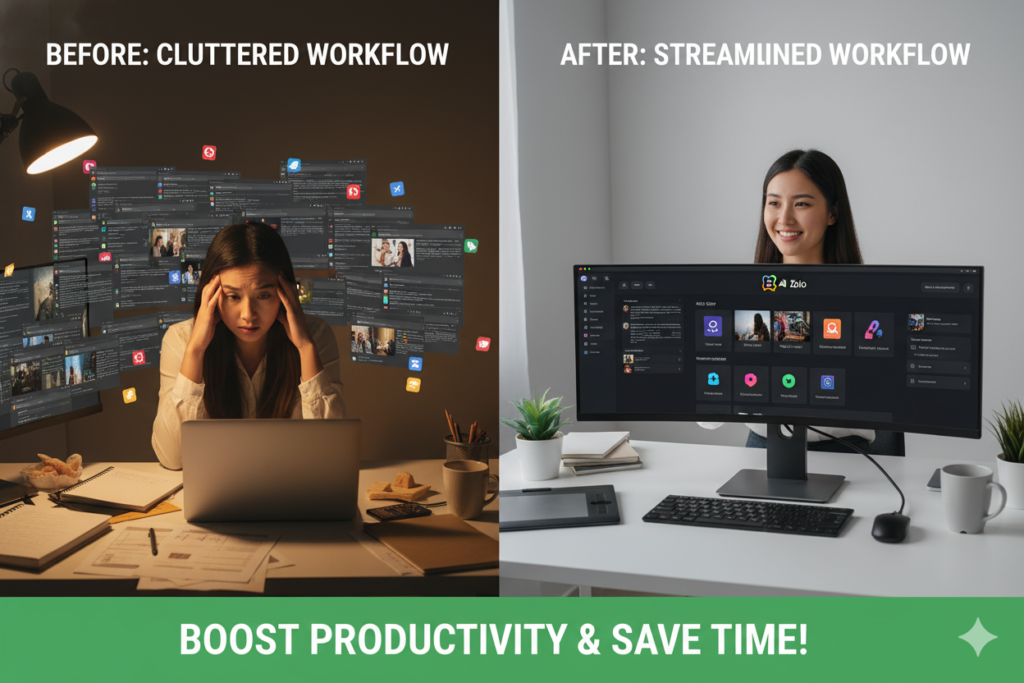  Before and after comparison showing cluttered vs streamlined workflow