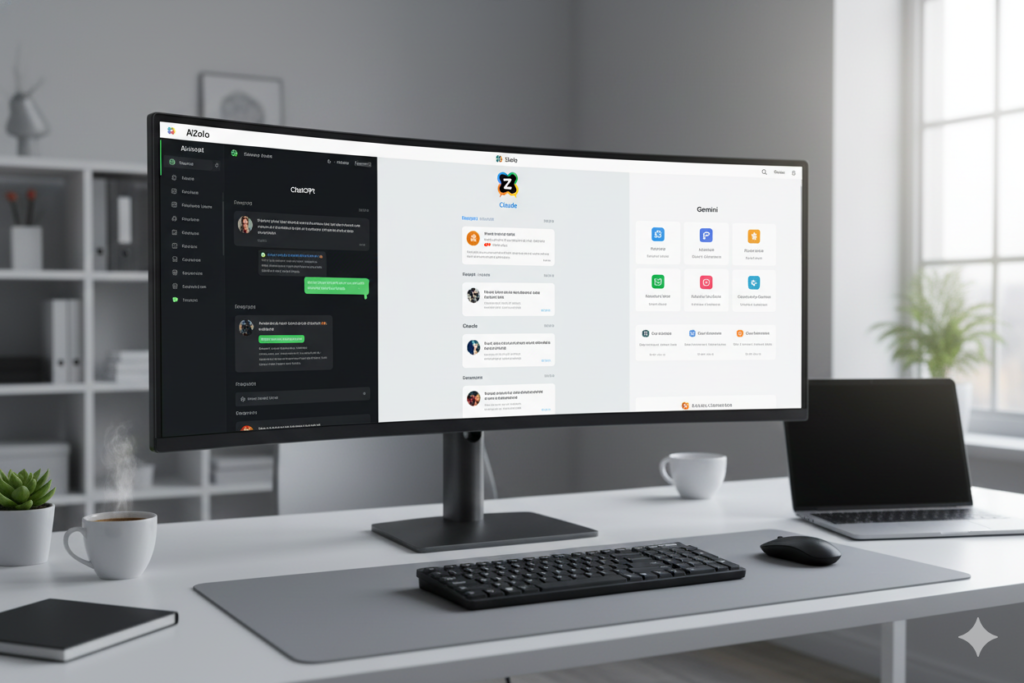 AiZolo dashboard interface showing multiple AI models in split-screen view