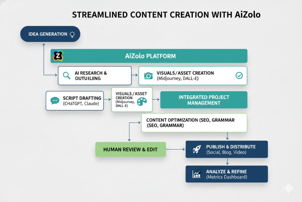 Flowchart showing content creation workflow with AiZolo
