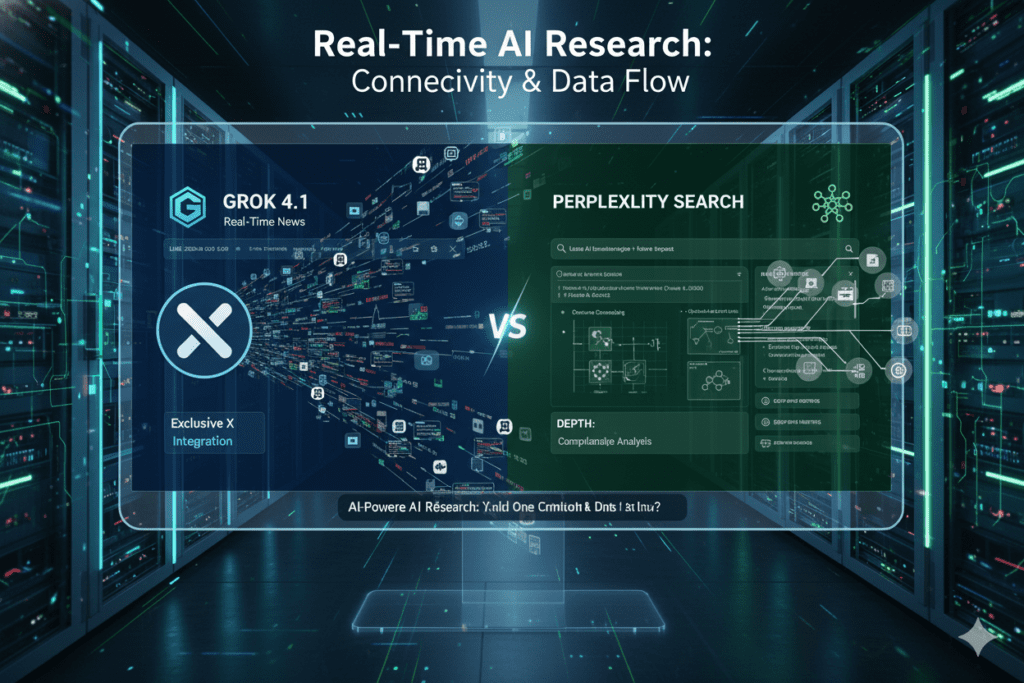 [Image prompt: Split-screen illustration showing Grok 4.1 connected to X platform on left, Perplexity connected to web sources on right, with data streams flowing]