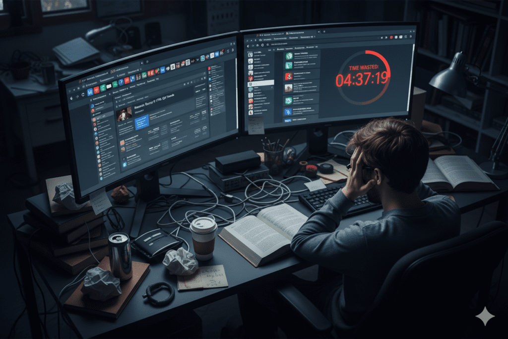 Image Prompt: Researcher's desktop showing 10+ browser tabs open with different AI platforms, clock showing time wasted