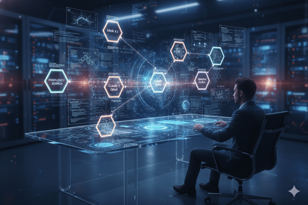 Image Prompt: Futuristic research workspace showing AI models collaborating on complex research problems