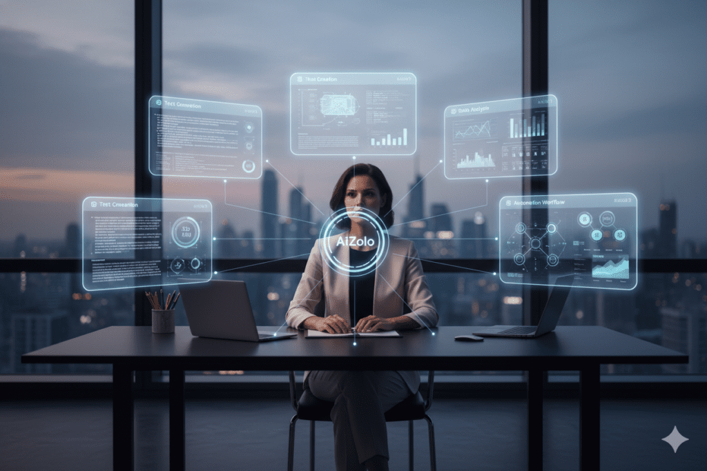 Current image: A futuristic yet professional workspace in 2025, where a modern professional sits at a sleek desk with multiple holographic AI interfaces floating in the air—text generation, image creation, data analysis, and automation dashboards. At the center, a unified AI control hub labeled subtly as “AiZolo” connects all tools together with glowing lines, symbolizing an all-in-one generative AI platform. The environment feels clean, minimal, and high-tech with soft neon blues and purples, cinematic lighting, and a sense of efficiency and transformation. The professional looks confident and focused, representing productivity, clarity, and control in the AI era. Ultra-realistic, premium SaaS marketing style, 16:9 aspect ratio, depth of field, no text overlay.