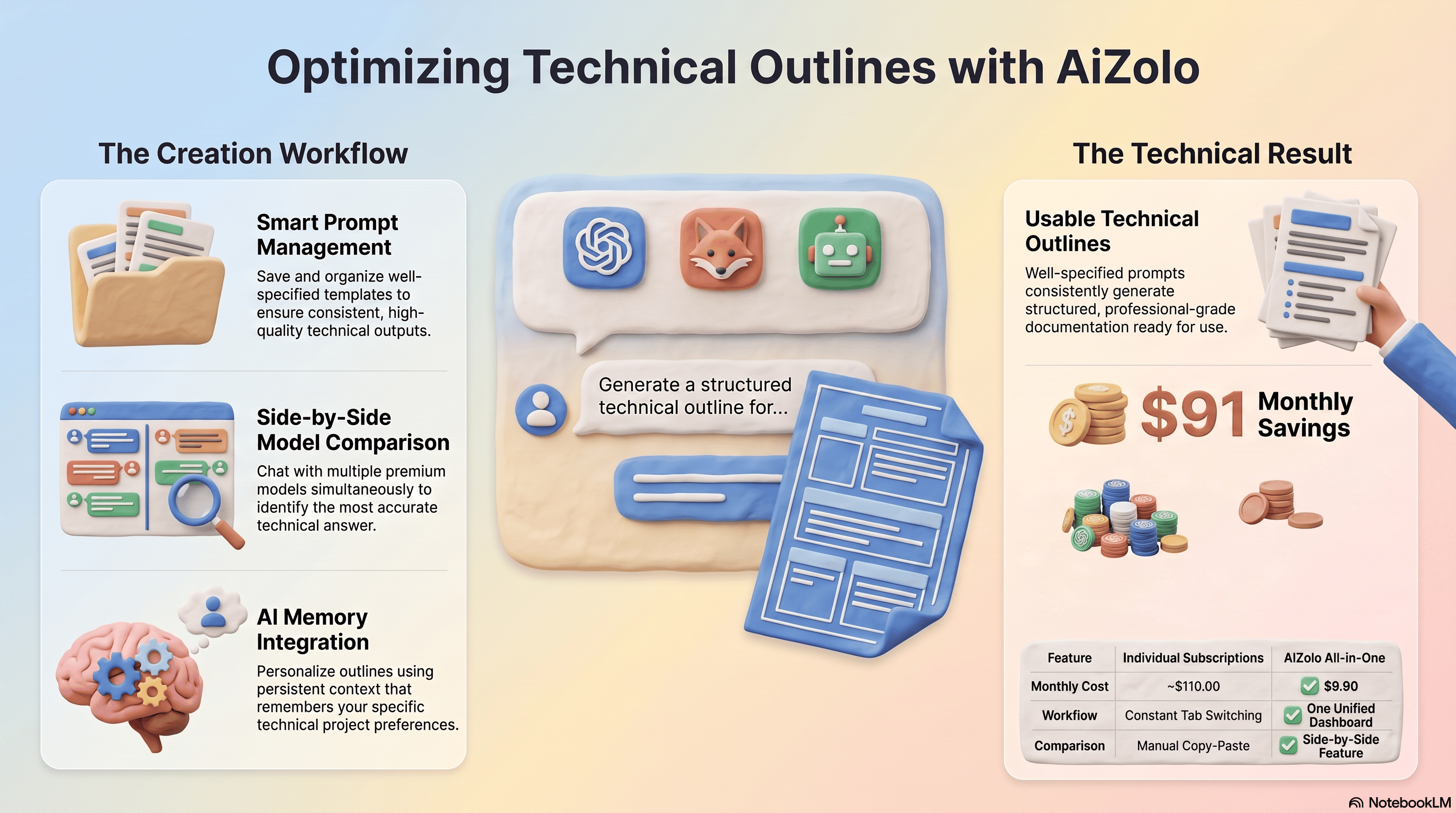 Illustration of an AI chat prompt generating a structured technical outline