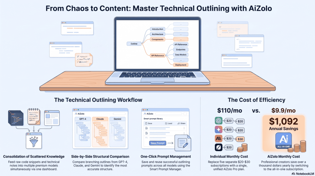 Illustration of an AI-generated technical blog outline with branching headings and code snippets