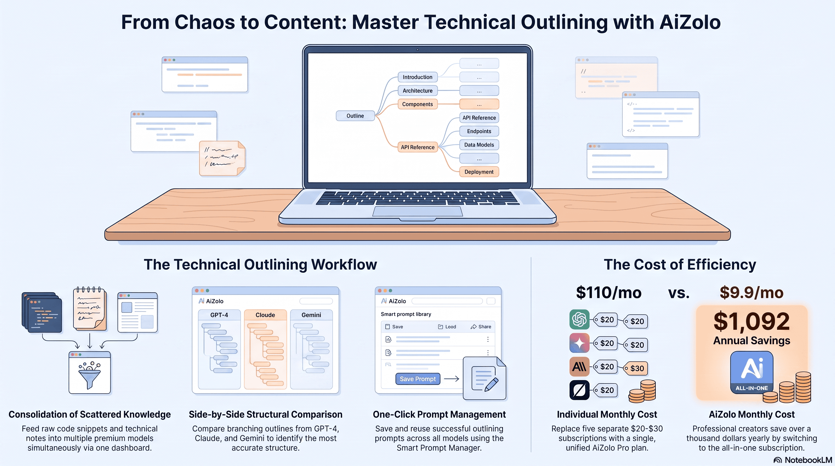 Illustration of an AI-generated technical blog outline with branching headings and code snippets
