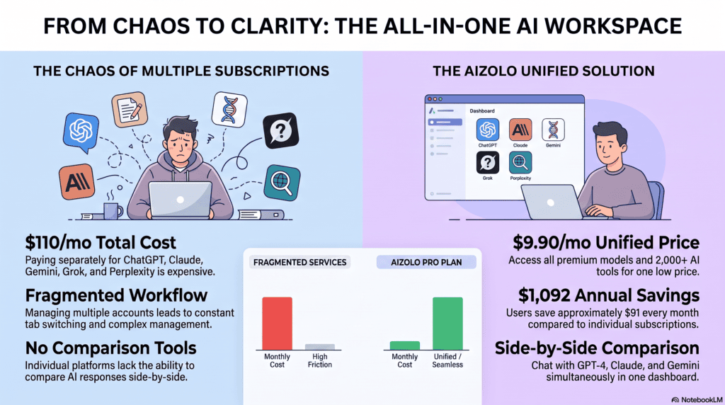 AI Tool Subscription Guide for Beginners: How to Choose, Compare, and Get Started 2 Illustration showing multiple AI tool icons consolidating into a single unified AI subscription dashboard.