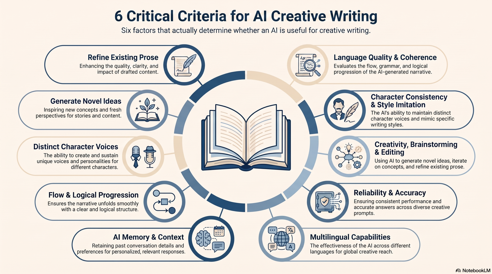Infographic showing criteria for evaluating AI creative writing tools