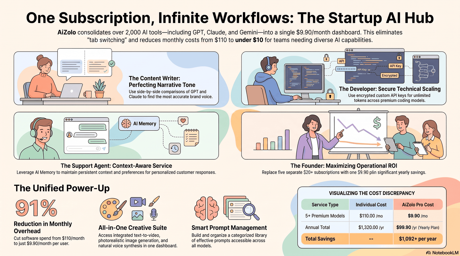 Startup team members using an affordable AI subscription across different workflows