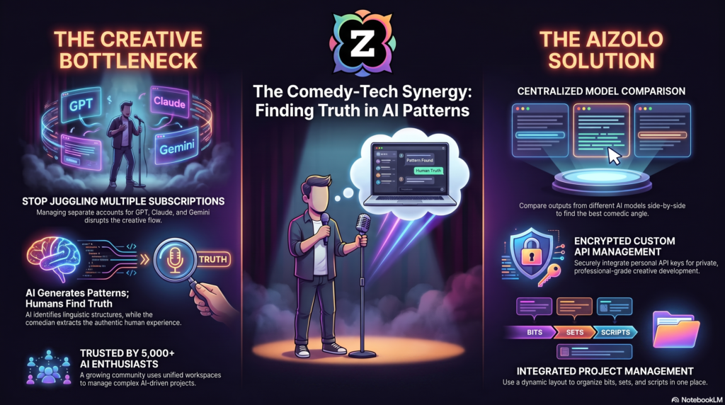 AI for Generating Stand Up Comedy and Dark Humor: The Comedian's Honest Guide (2026) 2 Comedian on stage using AI comedy writing tools for brainstorming stand-up jokes.