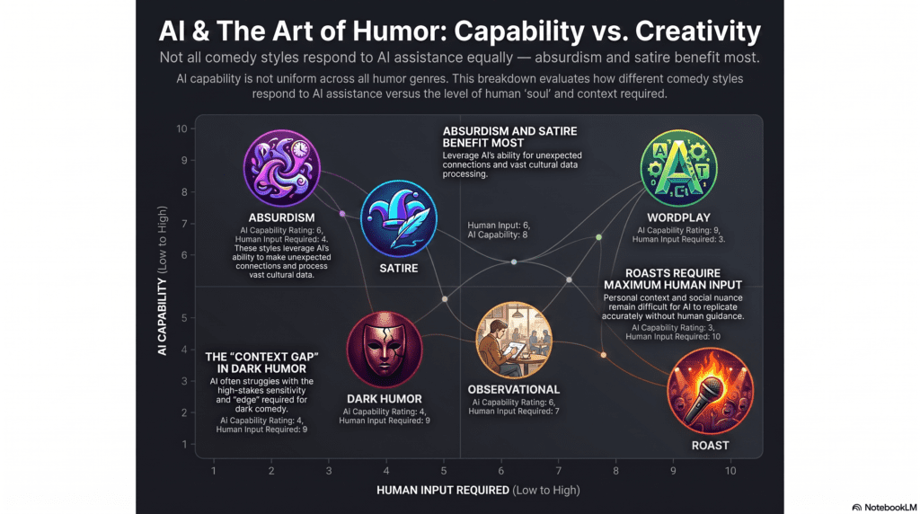AI for Generating Stand Up Comedy and Dark Humor: The Comedian's Honest Guide (2026) 4 Infographic showing AI capability ratings across different stand-up comedy and humor writing styles.
